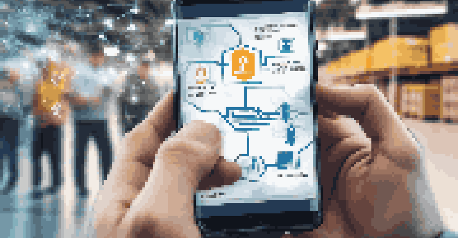A close-up of a hand holding a smartphone showing a blockchain interface, with a busy warehouse in the background.