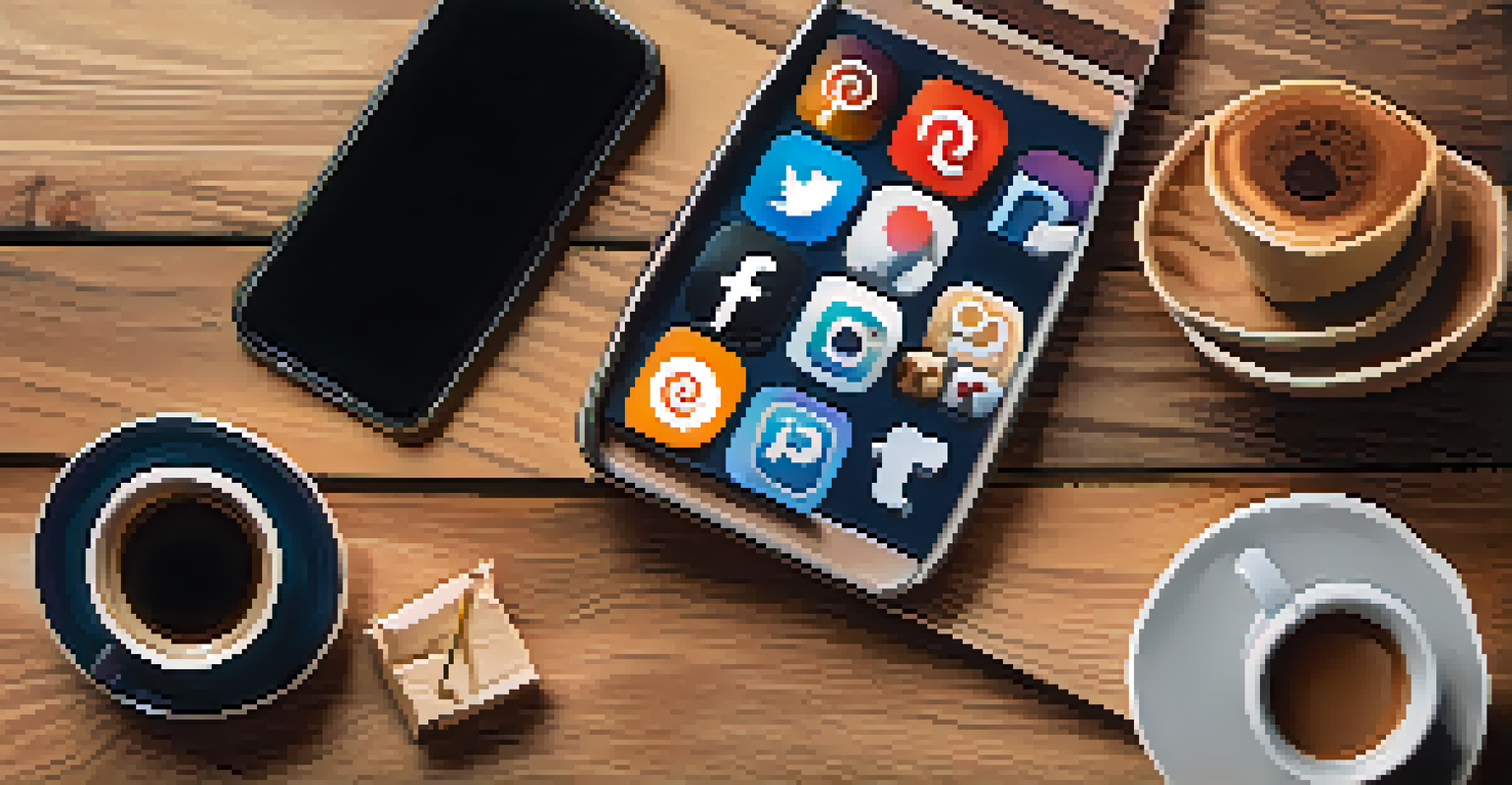 A flat lay image featuring social media icons, a smartphone with a trending post, and a cup of coffee on a wooden table.