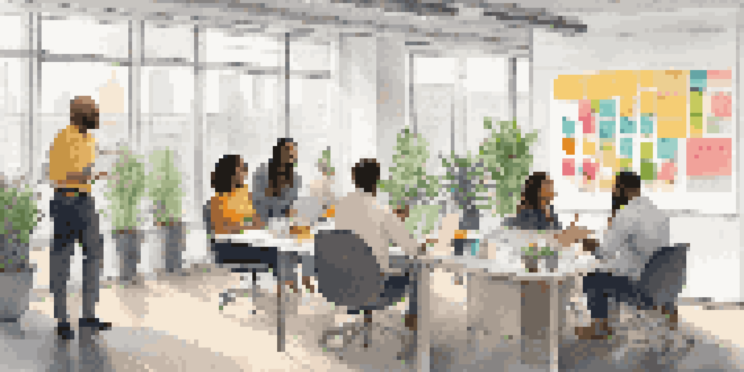 A diverse group of employees collaborating in a bright modern office, surrounded by plants and colorful sticky notes.