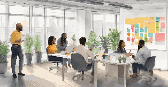 A diverse group of employees collaborating in a bright modern office, surrounded by plants and colorful sticky notes.