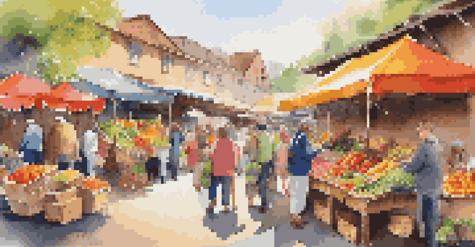 An outdoor market with colorful stalls and shoppers using smartphones to place orders, surrounded by fresh produce and flowers on a sunny day.