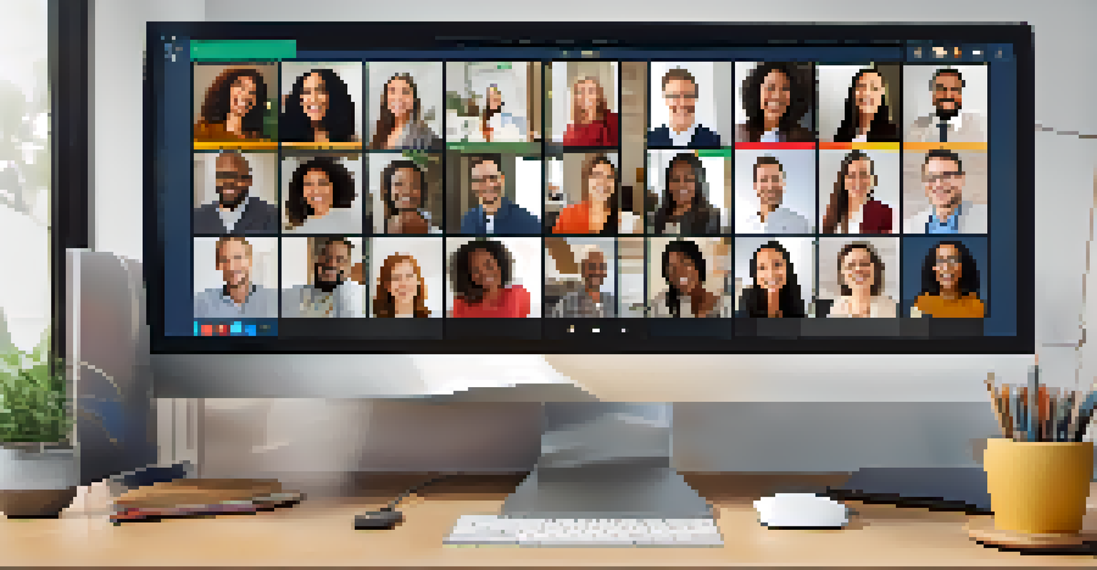 A computer screen showing a virtual team meeting with diverse participants smiling and engaging with each other.