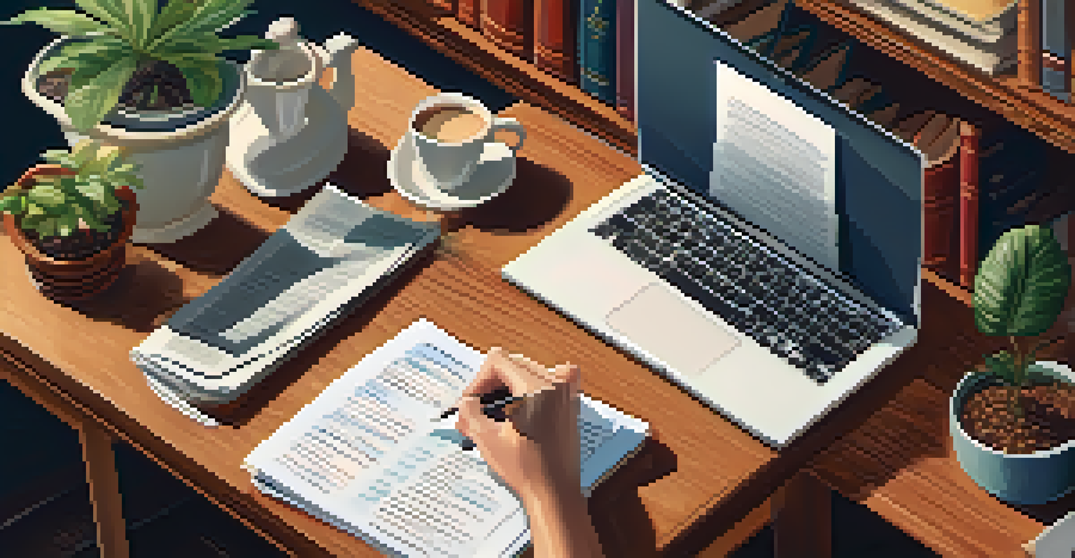 Hands typing on a laptop with legal documents and a coffee cup, surrounded by law books and a plant.
