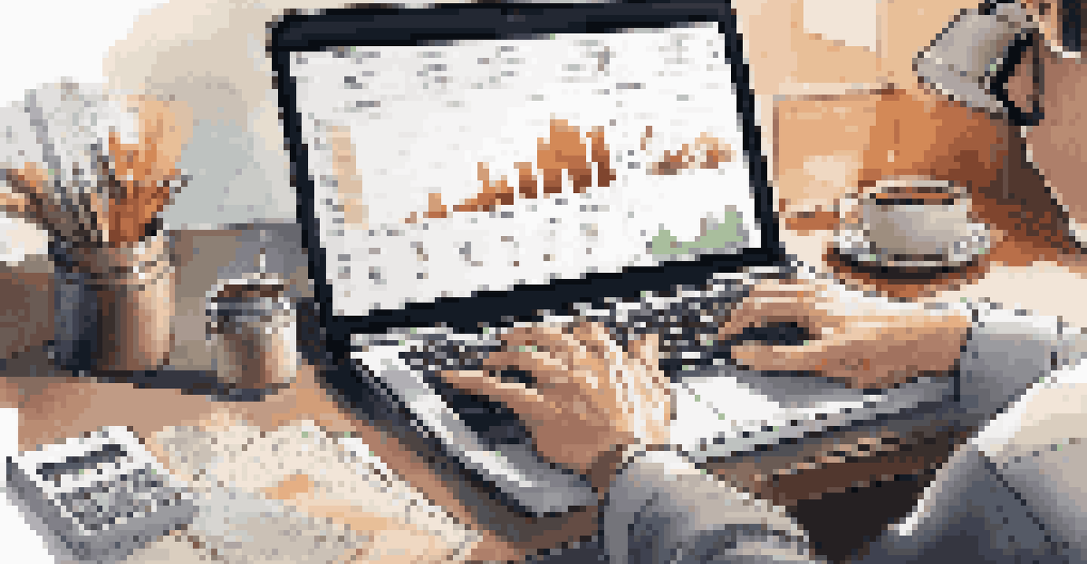A financial analyst's hands on a laptop with charts and documents around.