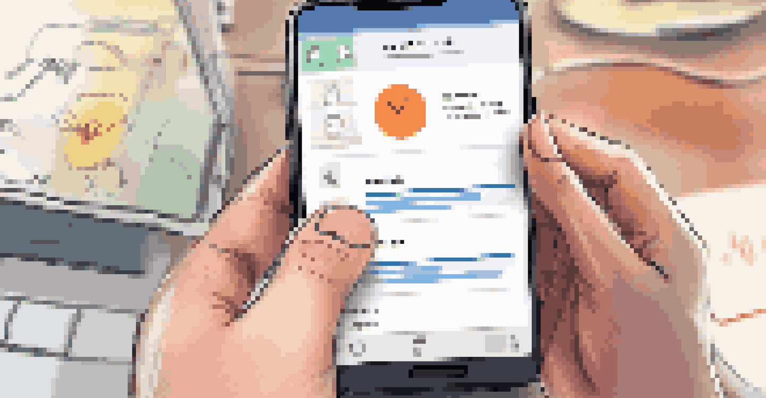 A close-up of a hand holding a smartphone with a feedback app visible, alongside a notebook and pen.