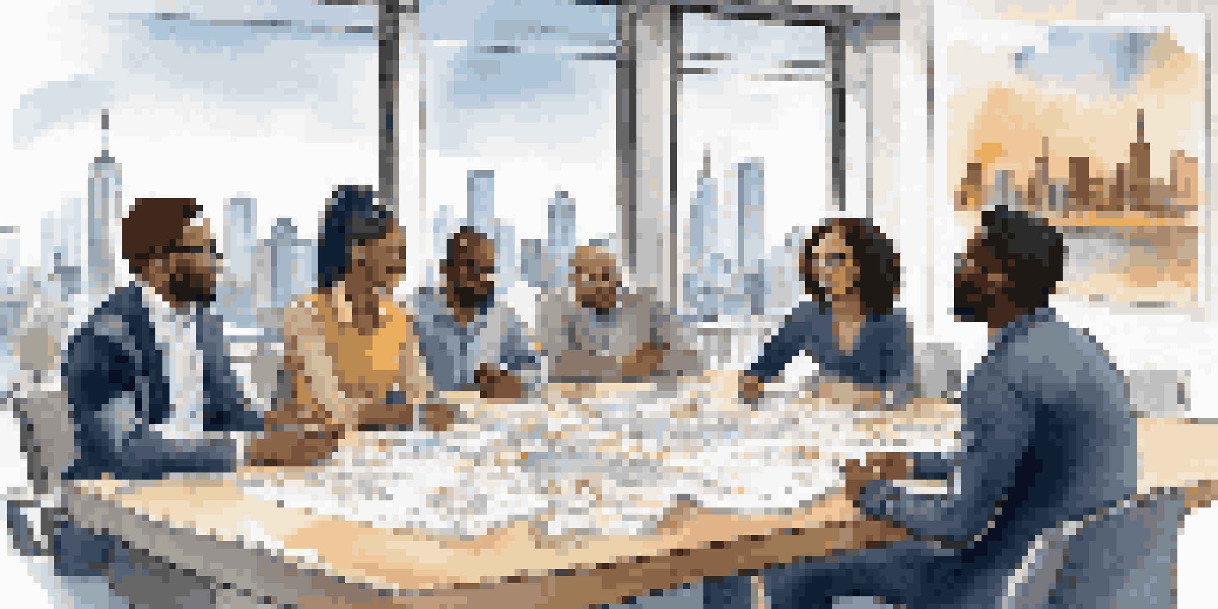A diverse team of professionals collaborating in a bright conference room with a city skyline view.