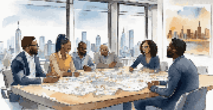A diverse team of professionals collaborating in a bright conference room with a city skyline view.