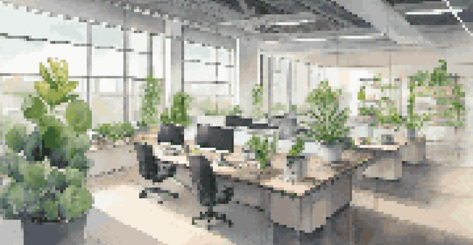 A bright and modern office space showcasing sustainable design with plants, LED lights, and smart technology.