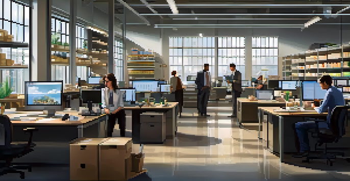 A diverse team of professionals working together in an office environment, analyzing inventory data with laptops and surrounded by organized shelves of products.