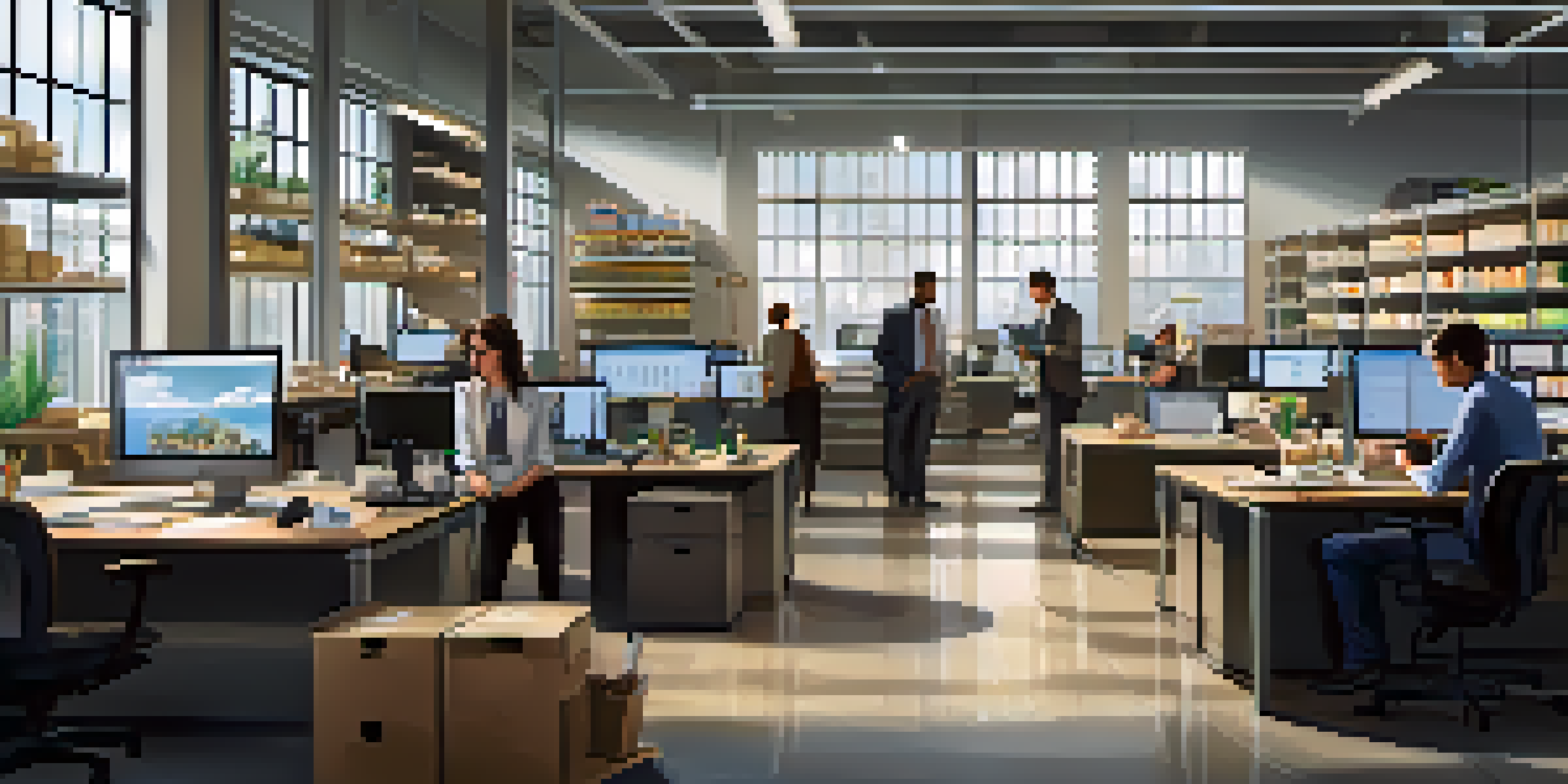 A diverse team of professionals working together in an office environment, analyzing inventory data with laptops and surrounded by organized shelves of products.