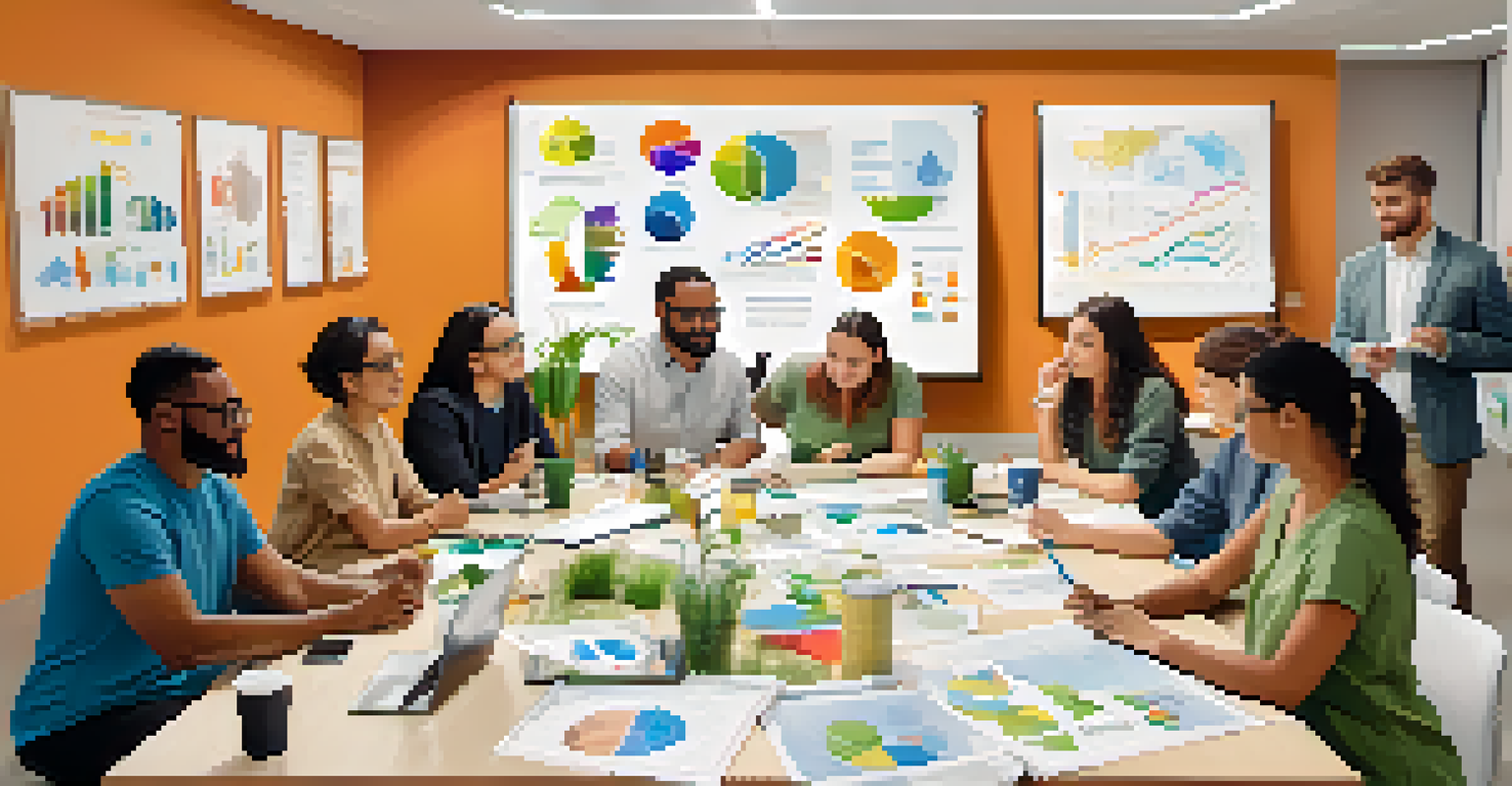 A diverse team in a sustainability workshop with charts and recycled materials on the table.