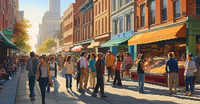 A lively city street filled with diverse pedestrians and colorful storefronts during golden hour.