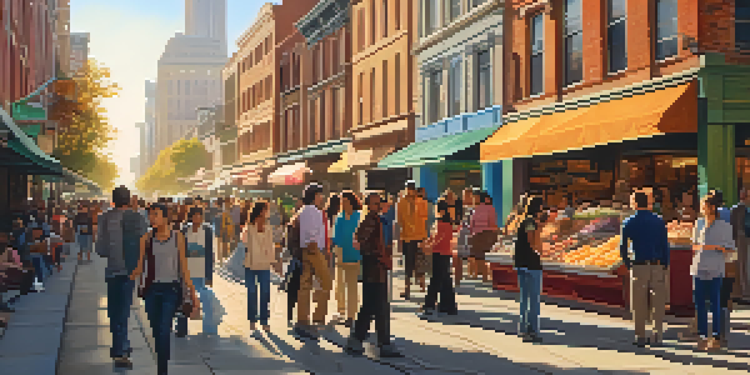 A lively city street filled with diverse pedestrians and colorful storefronts during golden hour.
