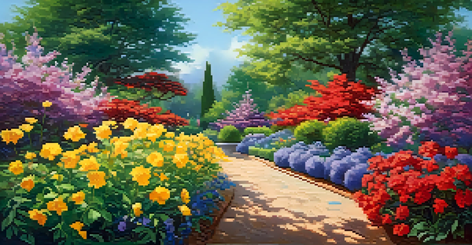 A colorful garden filled with blooming flowers under soft sunlight, symbolizing creativity and growth.