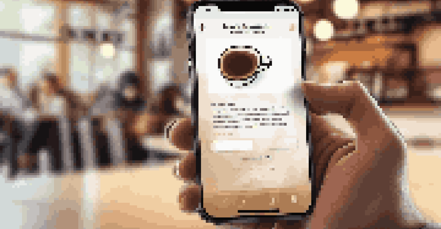 A close-up of a hand holding a smartphone displaying a personalized message from a brand's app, set in a coffee shop environment.