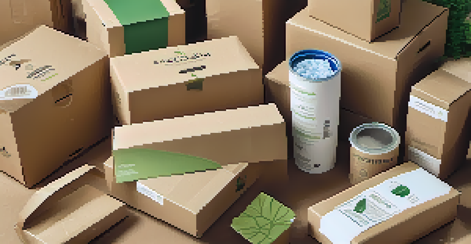 A close-up of eco-friendly packaging materials, including recycled boxes and biodegradable peanuts, under natural light.