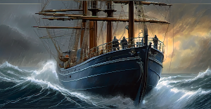 A leader confidently steering a ship through a stormy sea, with crew members looking determined in the background.