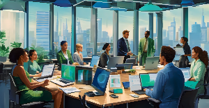 A diverse group of professionals collaborating around a round table in a modern office, with digital devices and charts visible.