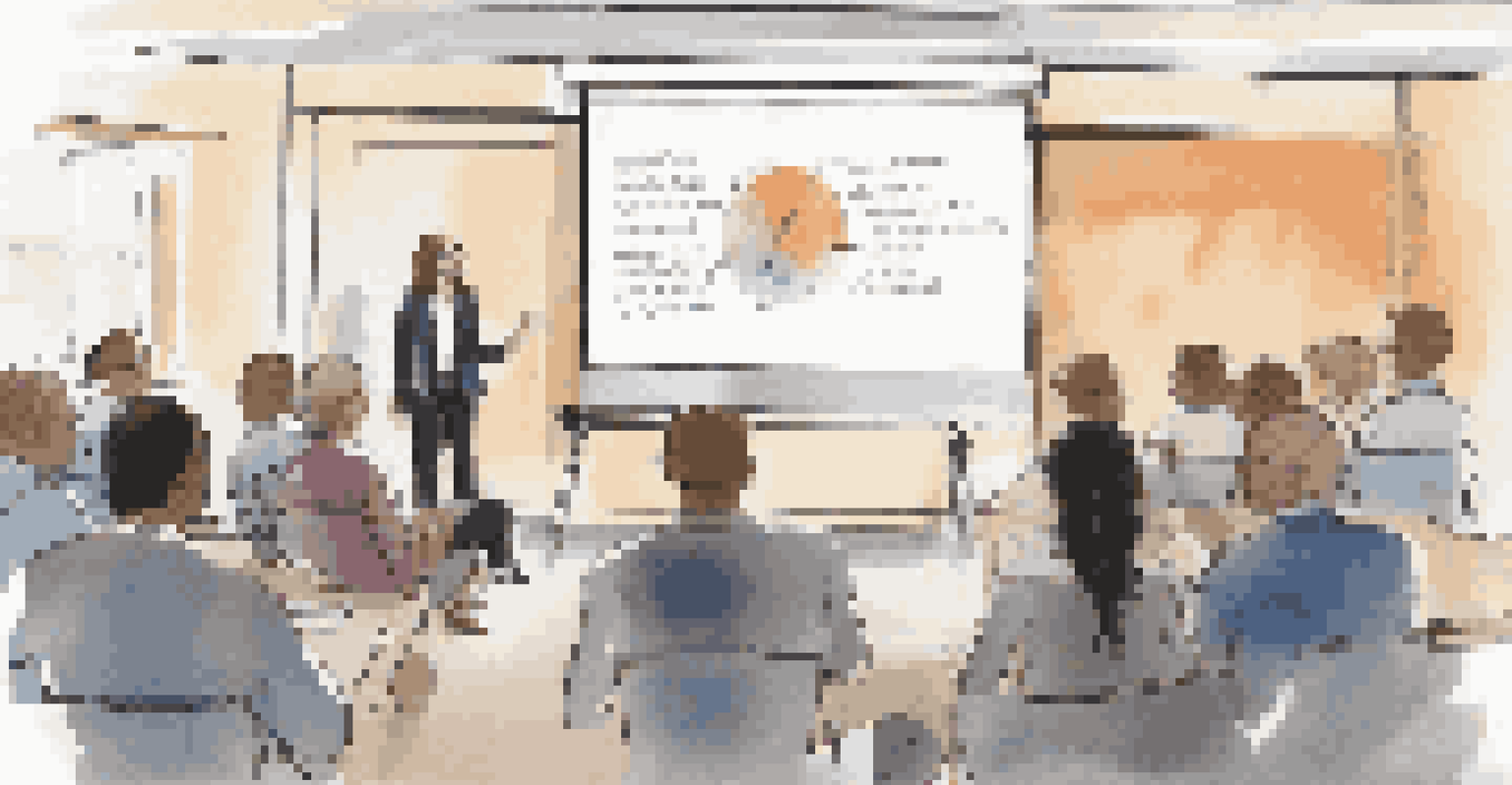 Employees engaged in an ethics training workshop with a facilitator presenting scenarios on a projector screen.