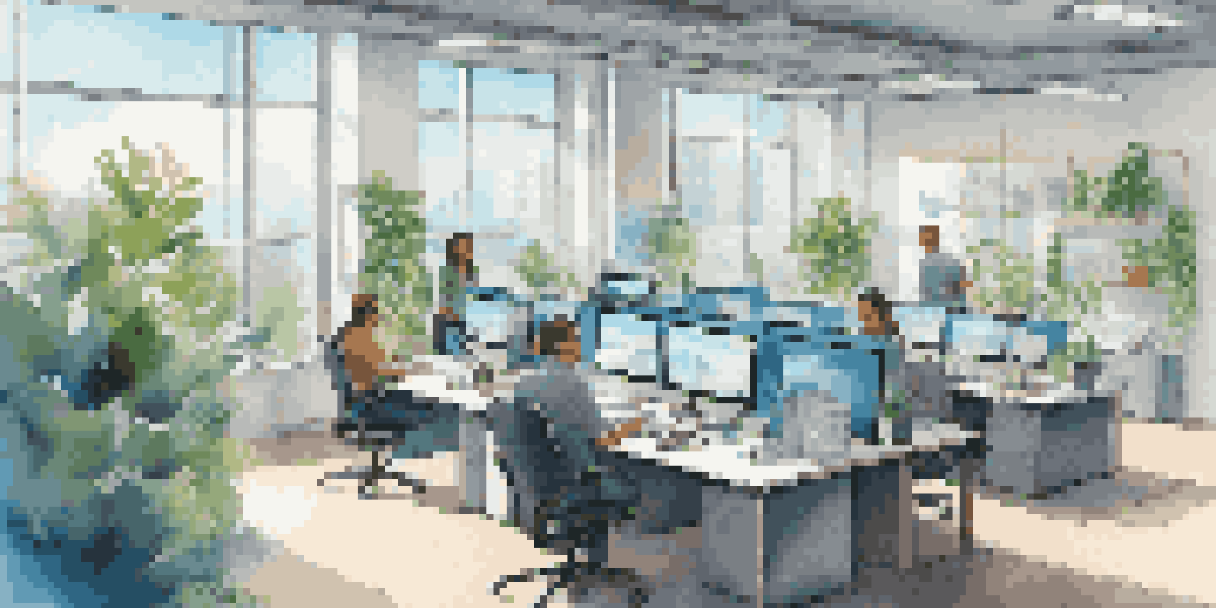 A modern office with employees working at their desks, large windows letting in natural light, and personal items decorating the workstations.