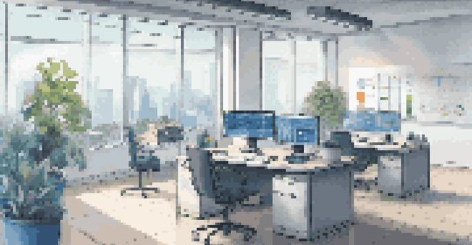 A bright and modern office workspace with a computer screen showing data analytics graphs, potted plants, and a minimalist design.