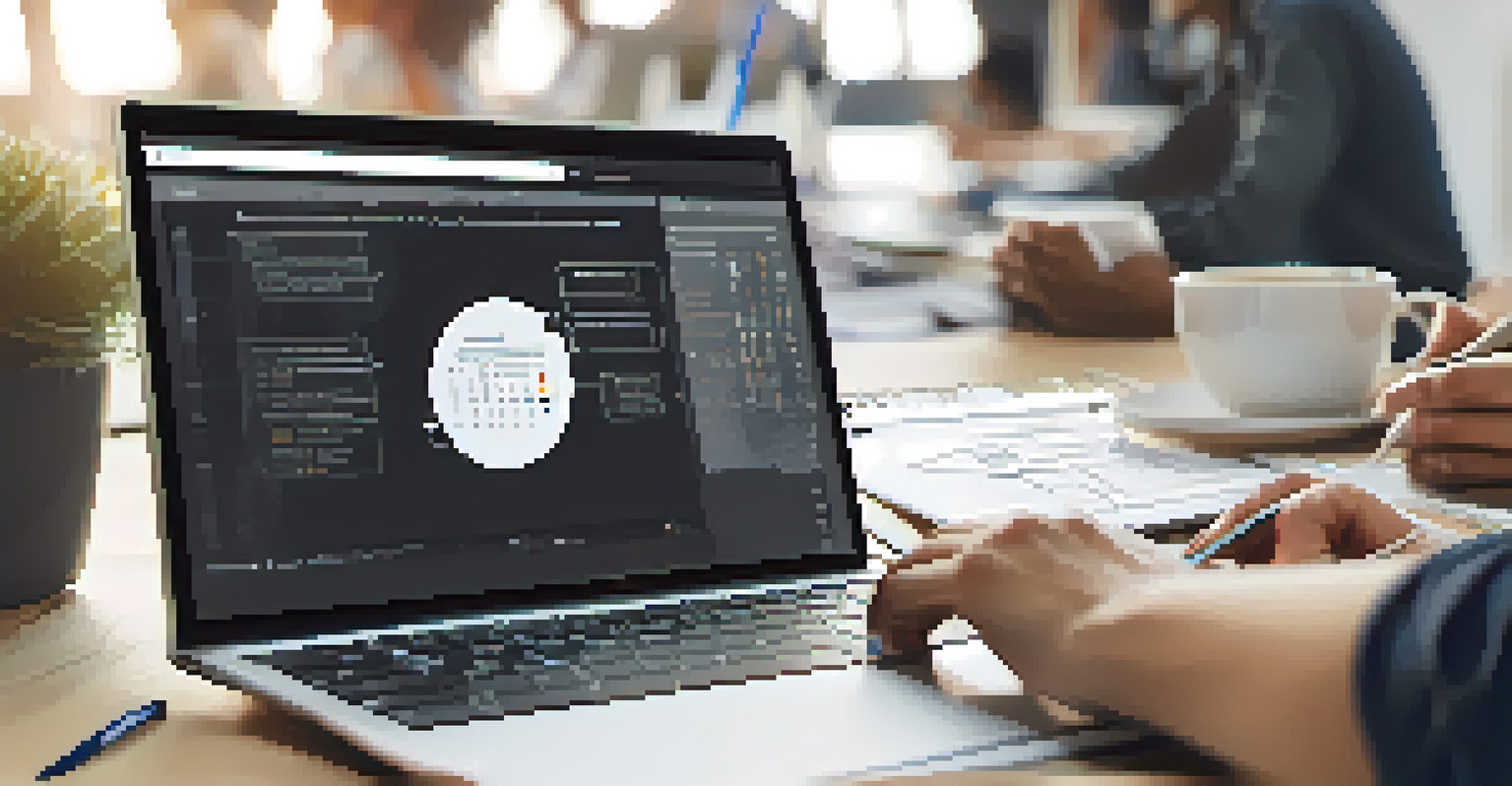 Close-up of hands on a laptop with Agile project management software, a coffee cup, and a sketch pad nearby.