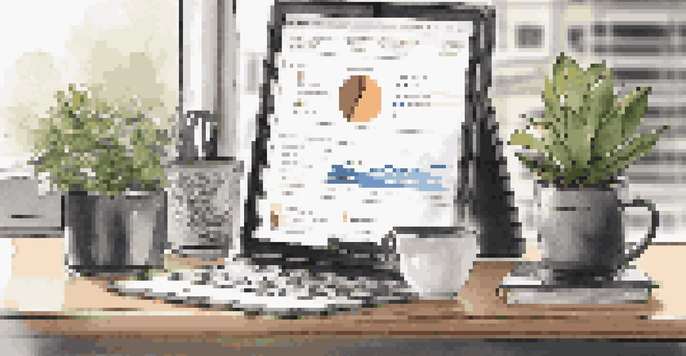 A modern office desk with a laptop showing a sales performance dashboard, a notepad, a coffee cup, and a plant under soft natural light.