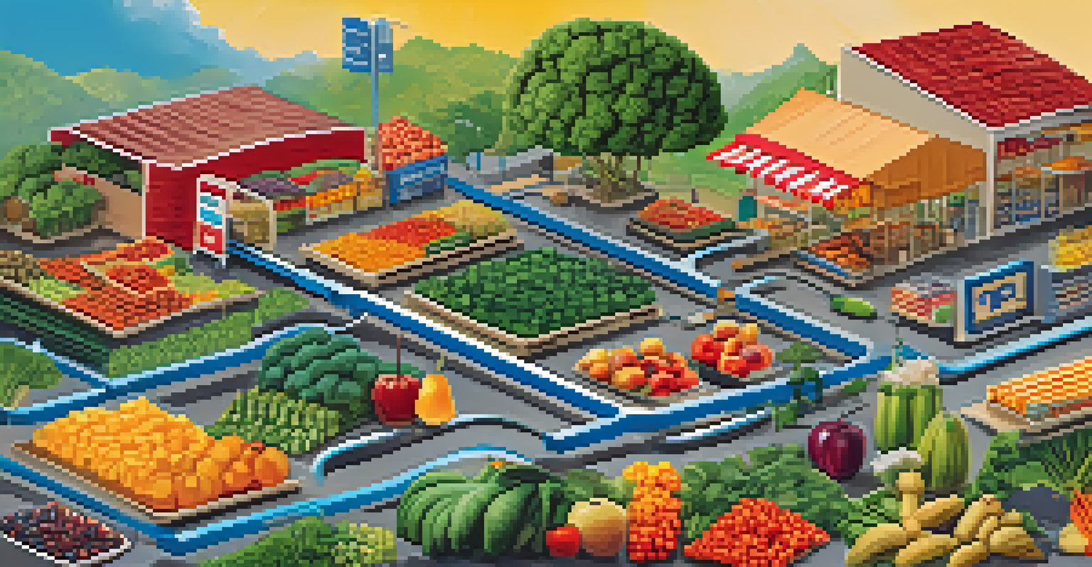 An illustrated supply chain demonstrating blockchain nodes connecting farms to grocery stores, with colorful products and a clear sky.