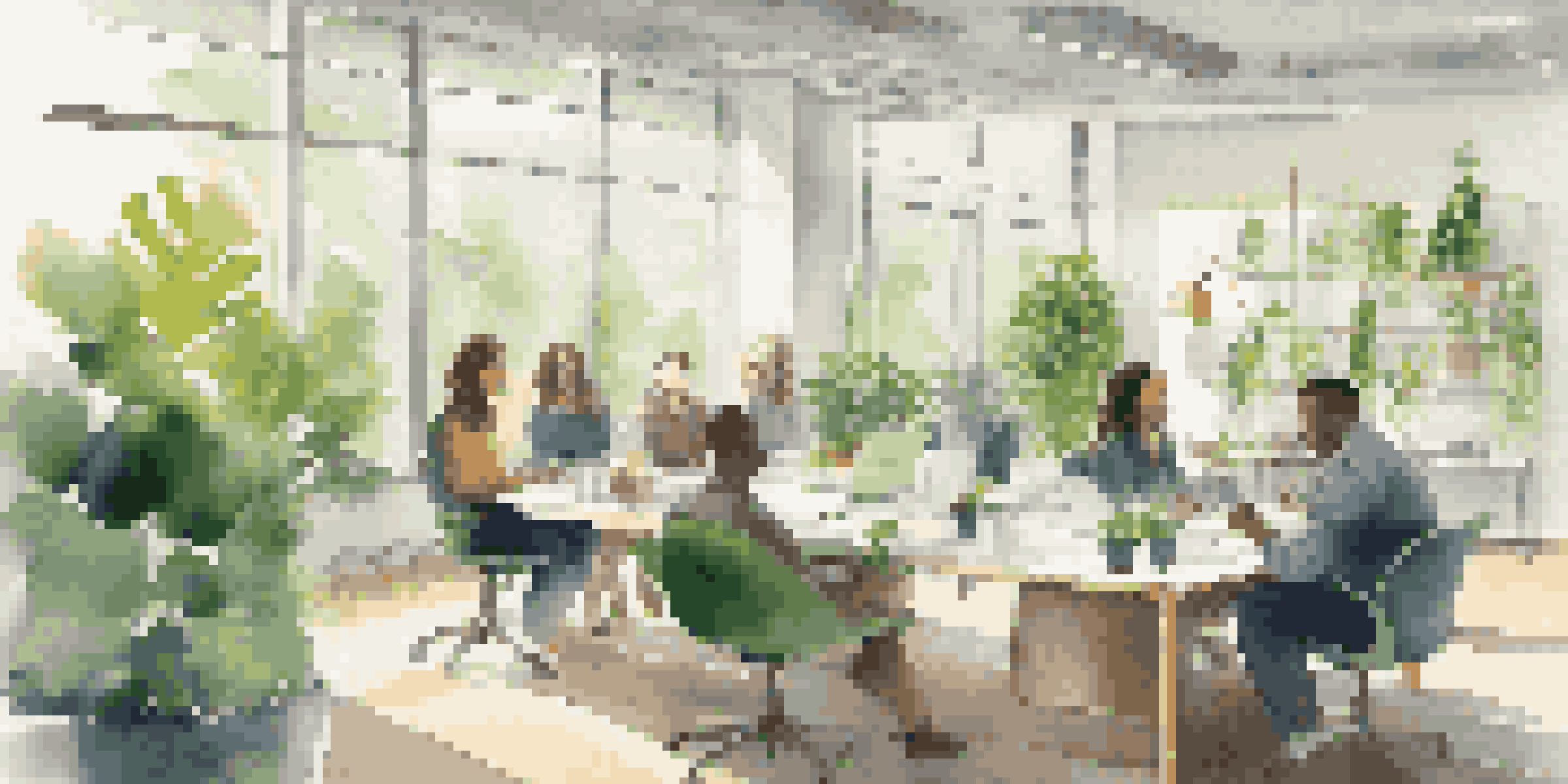 A diverse group of employees engaged in a collaborative meeting in a bright and welcoming office environment.