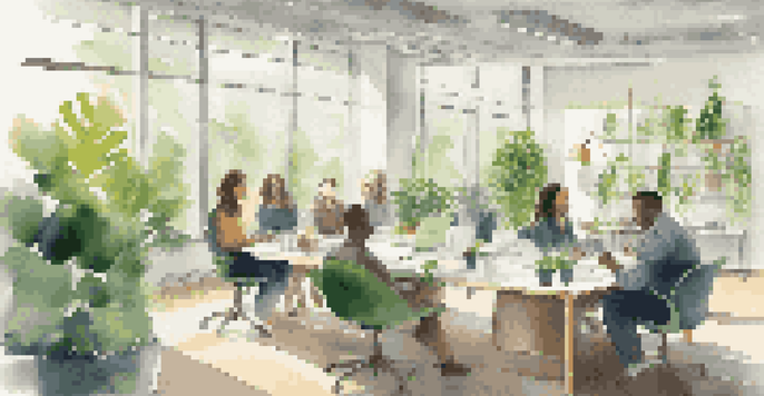 A diverse group of employees engaged in a collaborative meeting in a bright and welcoming office environment.