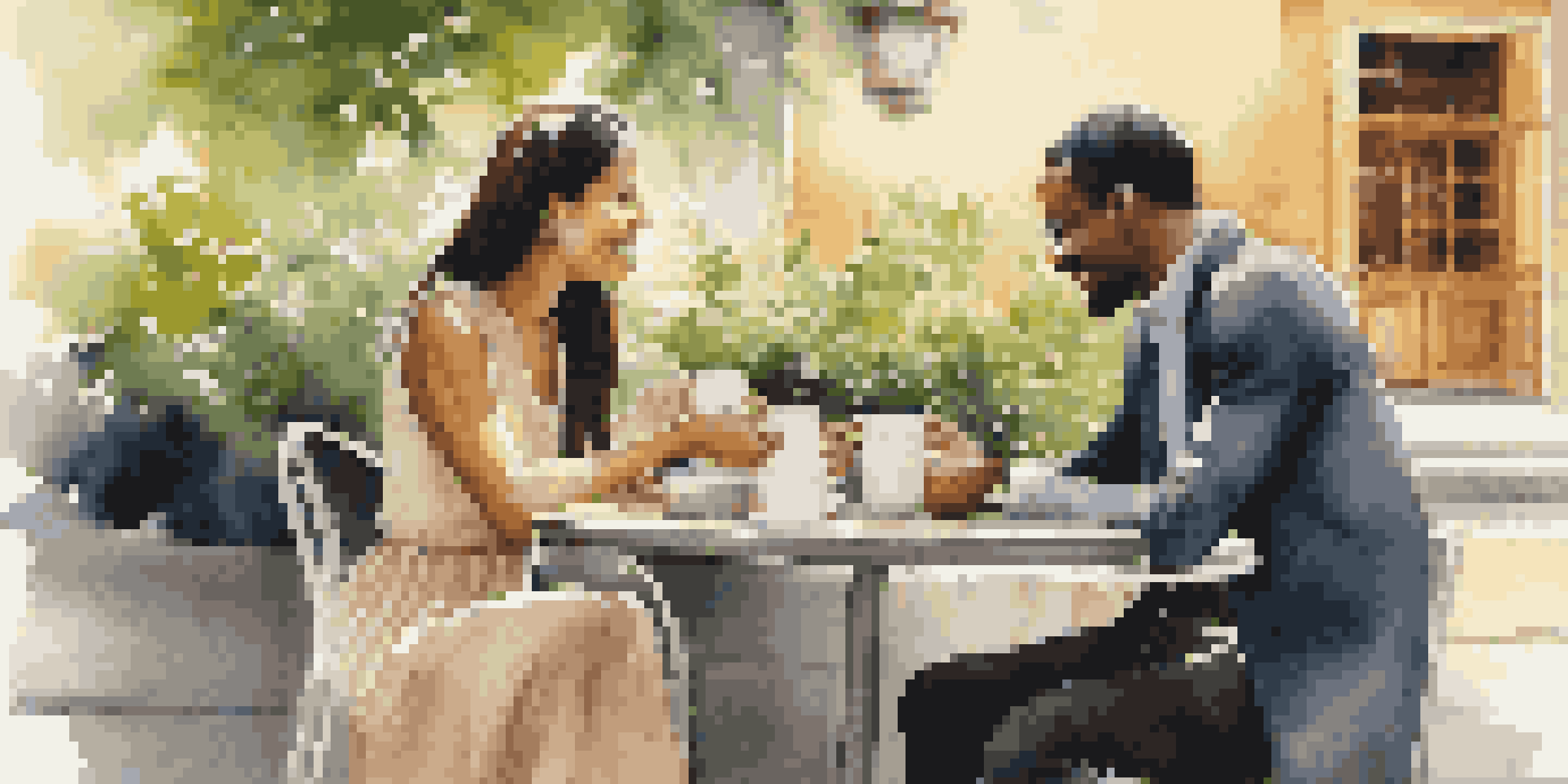 Two individuals from different cultures sitting at an outdoor café table, engaged in a friendly discussion with coffee and fresh flowers in a serene environment.