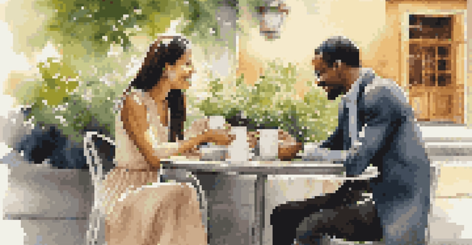 Two individuals from different cultures sitting at an outdoor café table, engaged in a friendly discussion with coffee and fresh flowers in a serene environment.