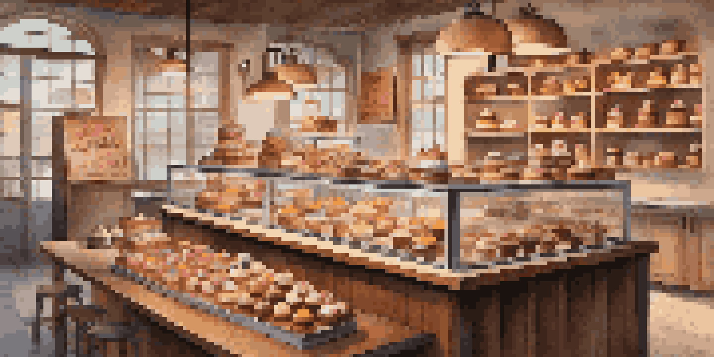 A warm and inviting bakery with a display of cupcakes and pastries, rustic decor, and soft lighting.