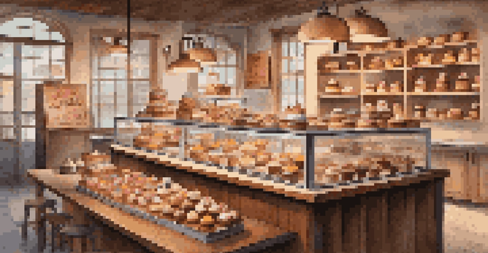 A warm and inviting bakery with a display of cupcakes and pastries, rustic decor, and soft lighting.