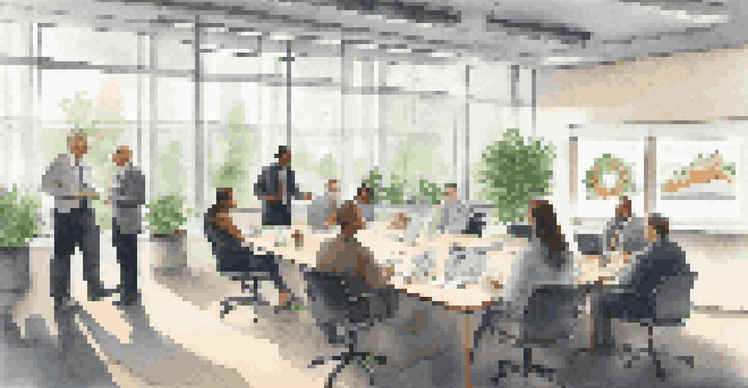A diverse group of professionals in a bright office, engaged in a meeting about ethical supply chains, with charts on the wall.