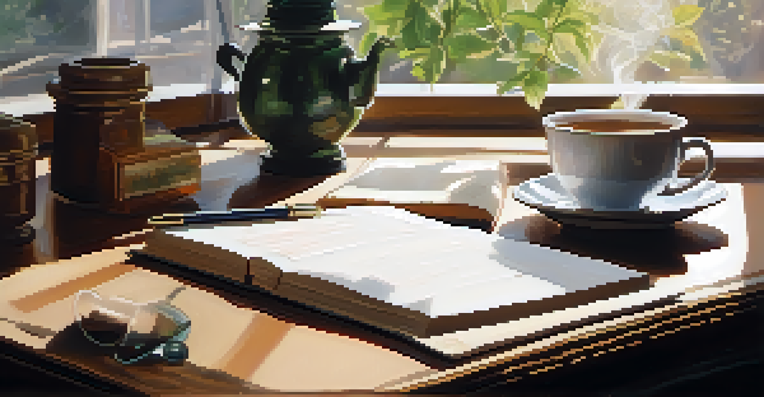 A cozy desk setup featuring a cup of tea, a journal, and a pen, illuminated by soft sunlight, symbolizing a moment of mindfulness.