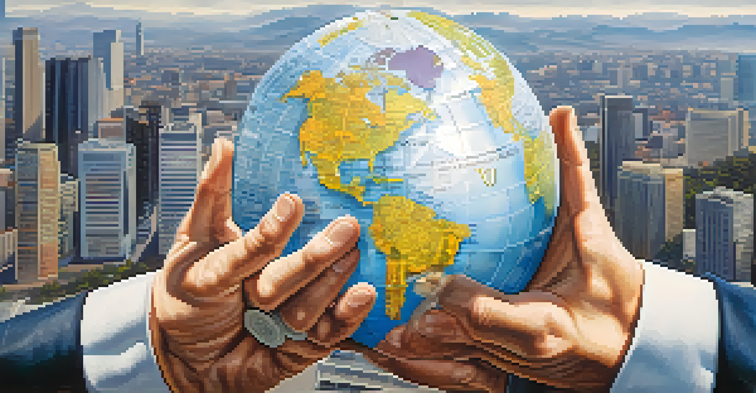 Hands holding a globe with currency symbols around it, set against a blurred city skyline background.