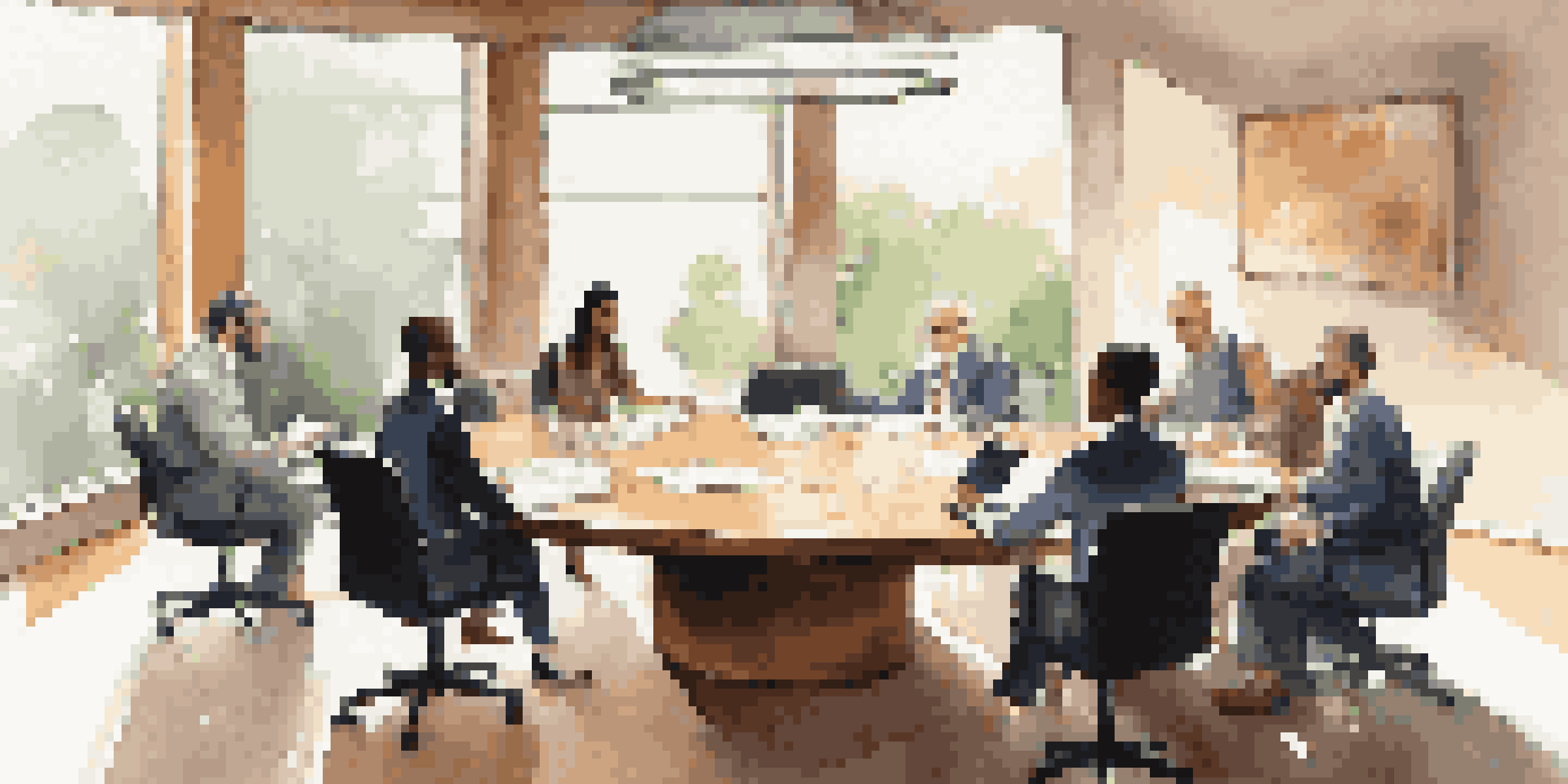 A diverse group of business professionals engaged in a collaborative discussion in a well-lit conference room.