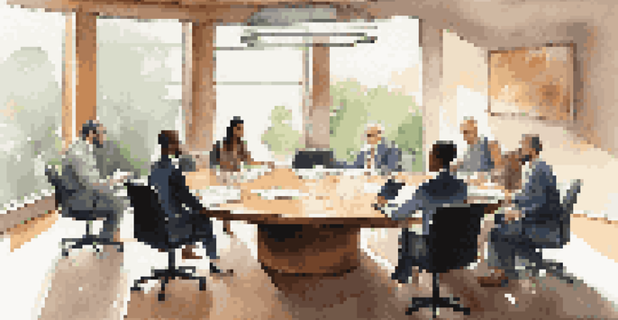 A diverse group of business professionals engaged in a collaborative discussion in a well-lit conference room.