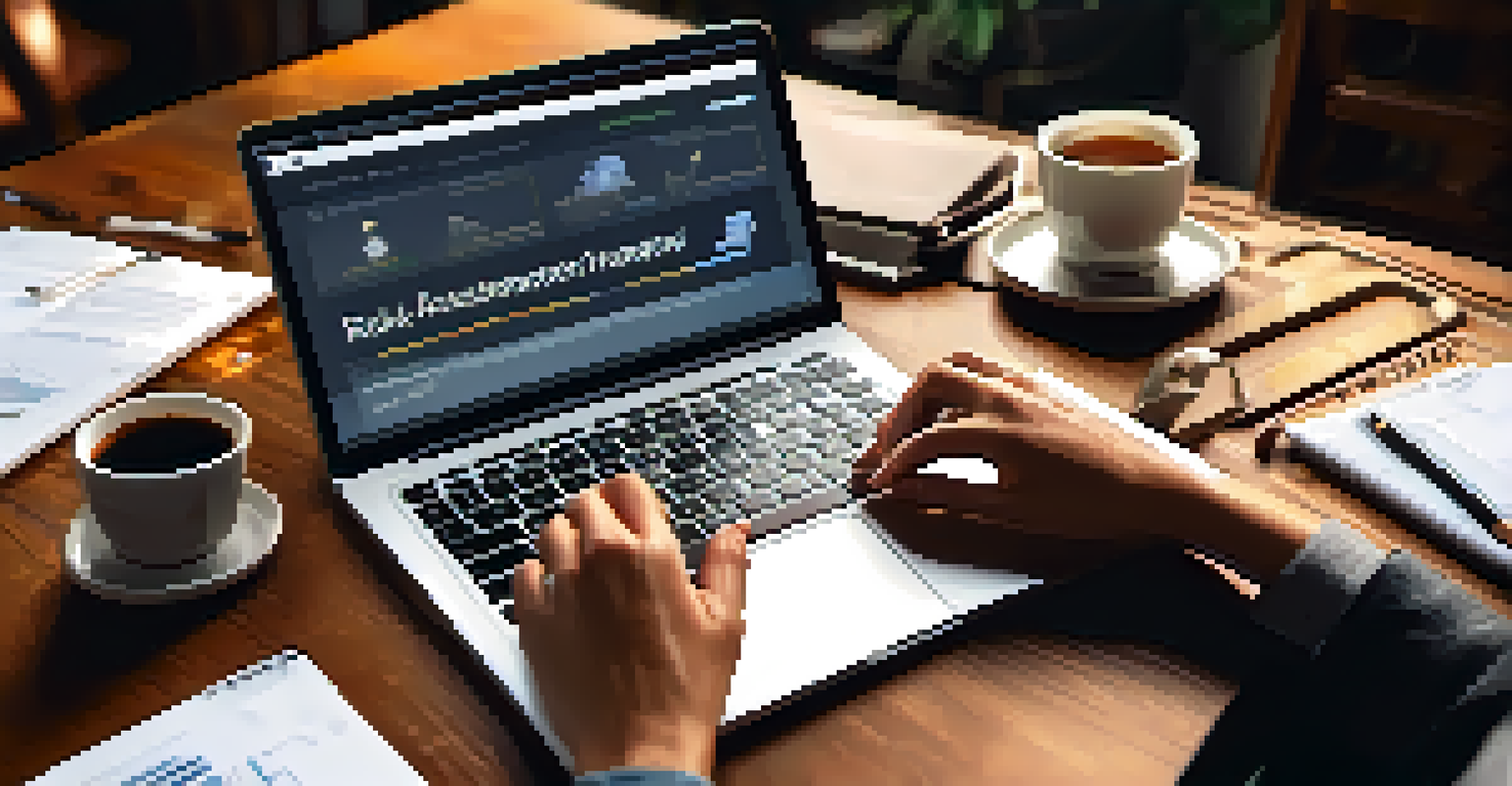 Close-up of hands working on a laptop displaying a risk assessment framework, surrounded by notebooks and coffee on a desk.