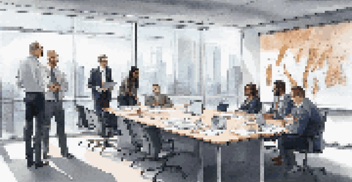 A diverse crisis management team in a modern office discussing strategies together around a conference table, with a digital screen displaying information.