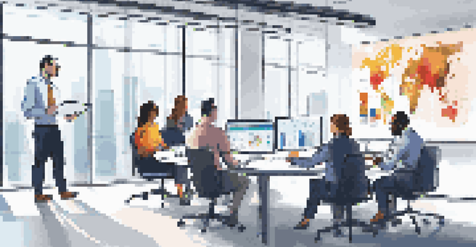 A diverse team of professionals in a bright office discussing data analysis with charts displayed on a screen.