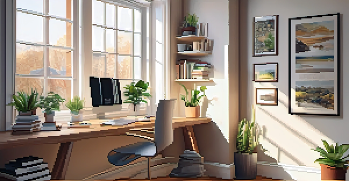 A modern home office with a desk, laptop, and a cup of coffee, illuminated by natural sunlight from a window.