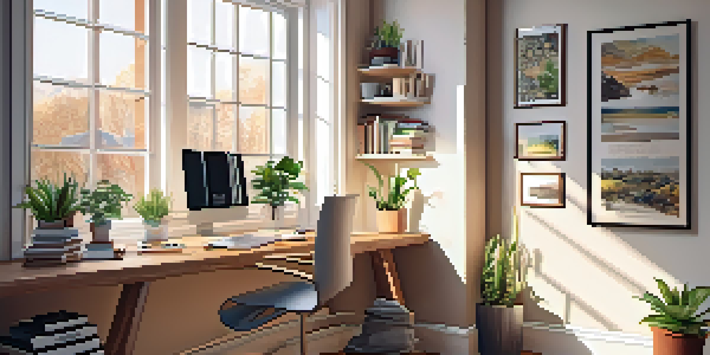 A modern home office with a desk, laptop, and a cup of coffee, illuminated by natural sunlight from a window.