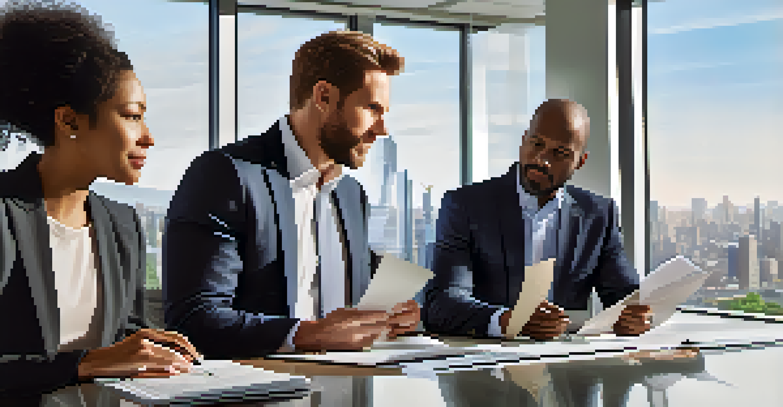 A diverse group of business people discussing trade agreements in a bright modern office.