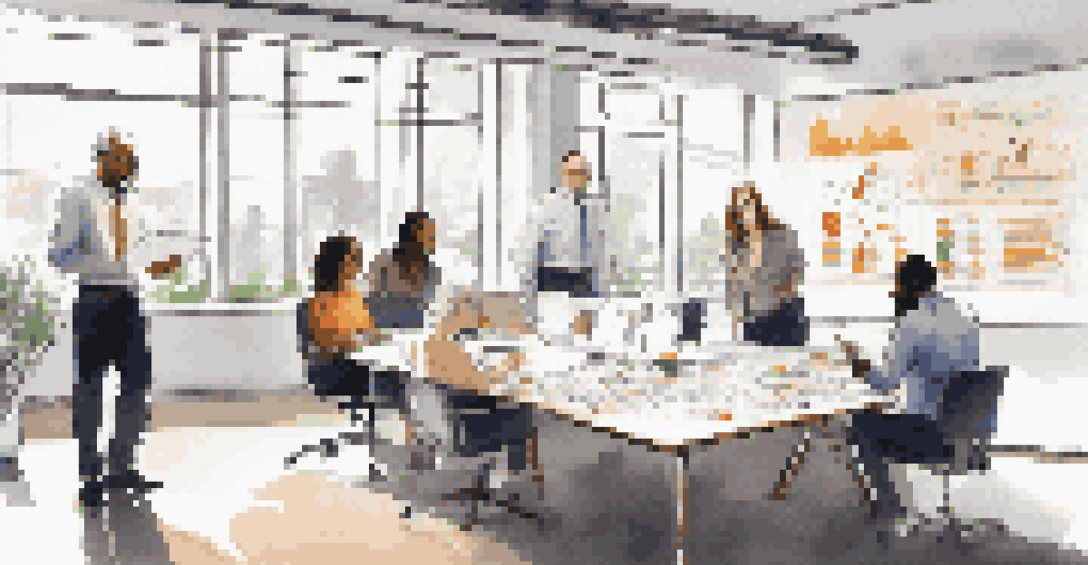 A diverse group of professionals having a brainstorming session in a bright office, surrounded by charts and laptops.