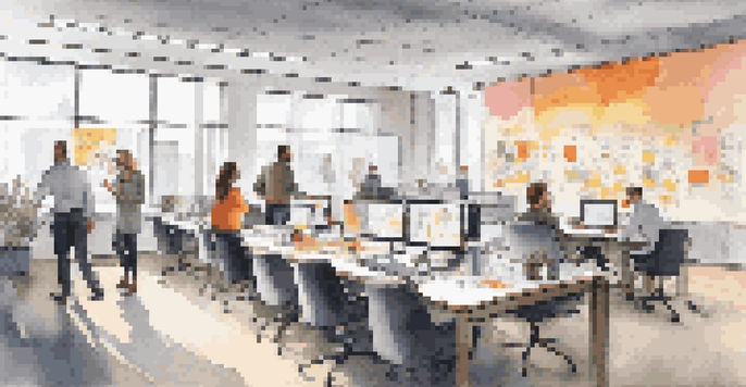 A diverse team of professionals collaborating in a modern office, surrounded by motivational quotes and colorful diagrams on a whiteboard.