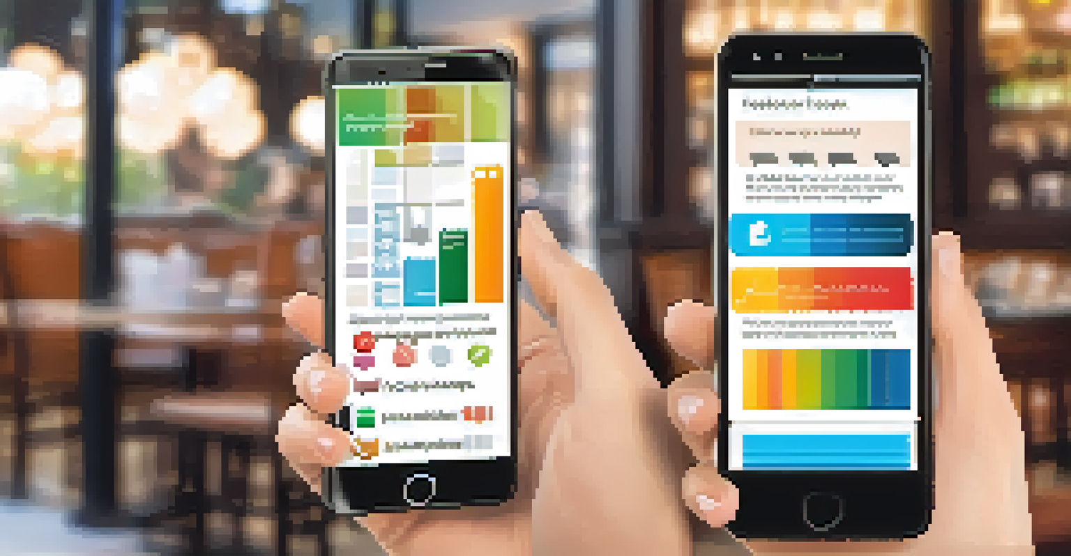 Hands holding a smartphone showing a customer feedback survey app against a blurred cafe background, illustrating customer engagement.