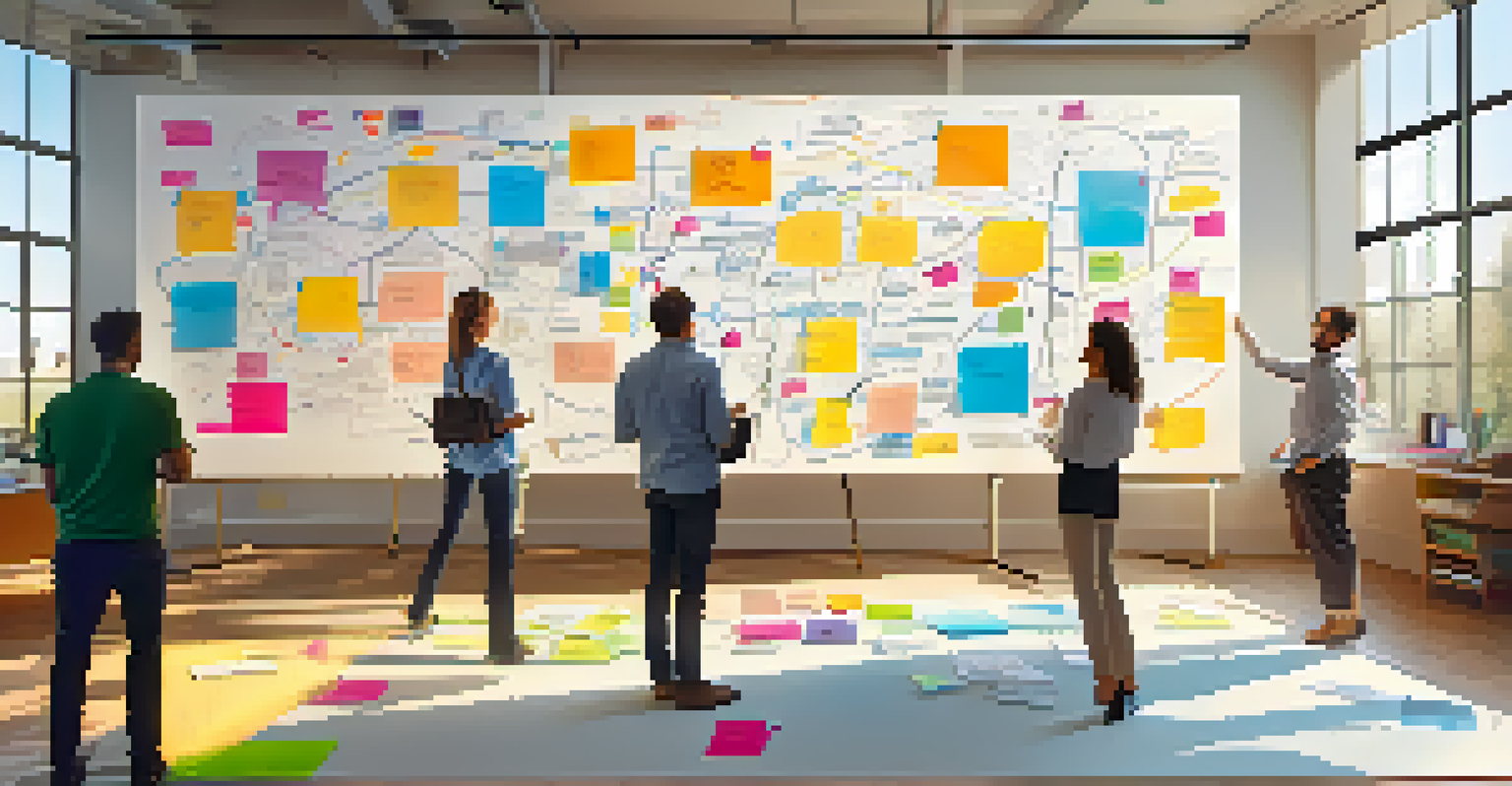 A colorful stakeholder map on a whiteboard in a creative workspace, with sticky notes and diagrams.