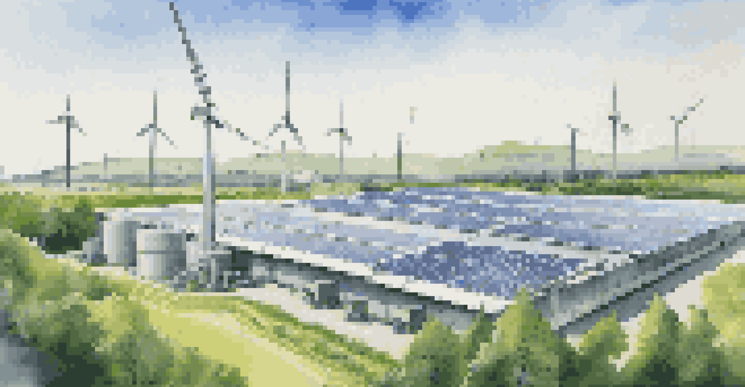 A modern factory using renewable energy, with sustainability-certified products and a worker in a green landscape.